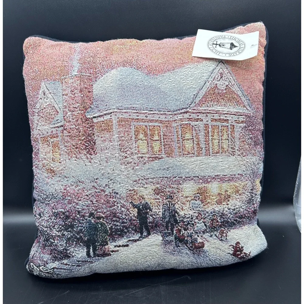 Thomas Kinkade Throw Pillow Tapestry Victorian House Christmas Winter Sled New